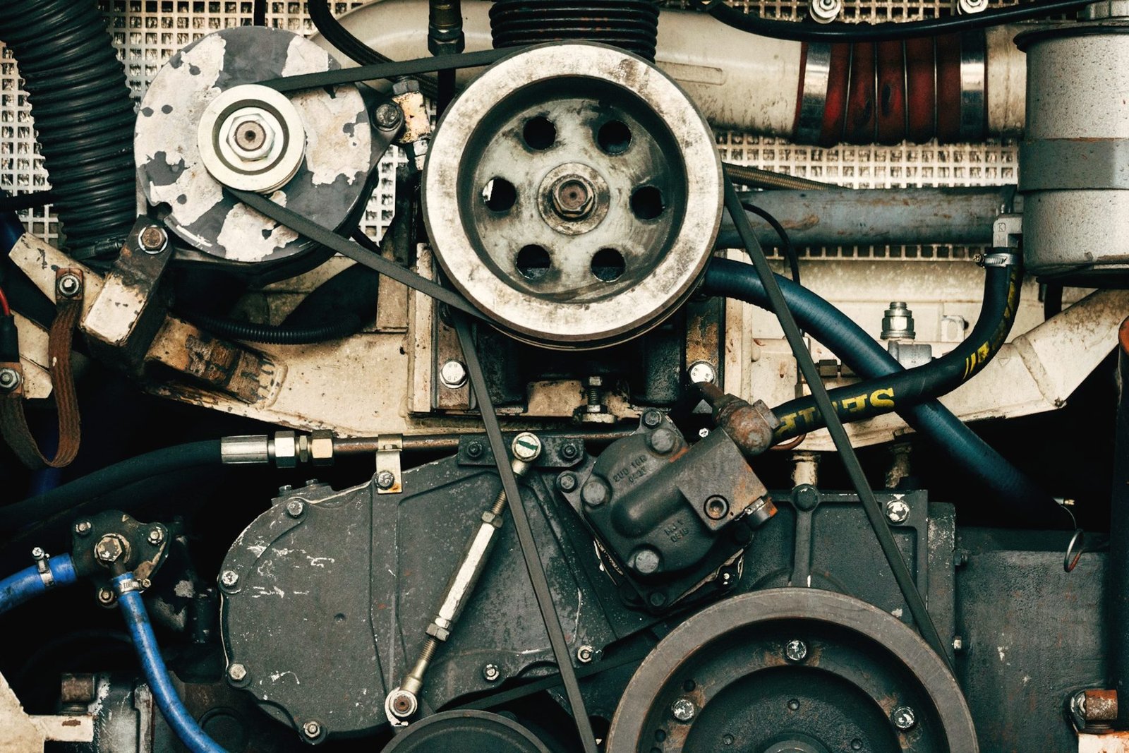 Belts and pulleys on the front of an engine